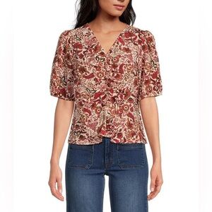 Sam Edelman V-Neck Short Sleeve Shirred Shirt